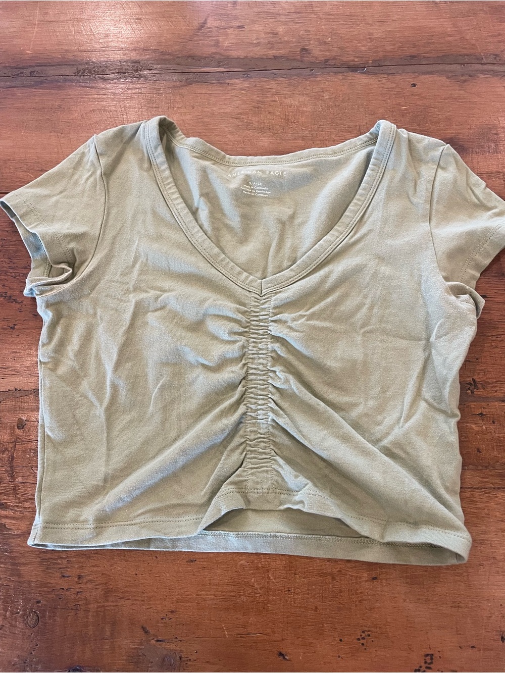 American Eagle Outfitters Sage Green Ruched V-Neck Cropped Tee